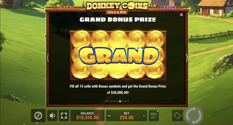 Donkey Coins Hold & Win – ekrāns ar Mini, Minor, Major, Grand jackpotiem