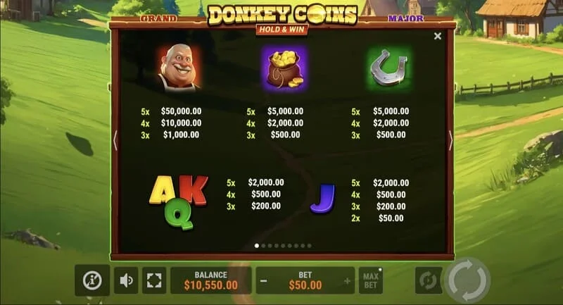 Donkey Coins Hold & Win – laukums ar lipīgām Coin žetonu ikonām