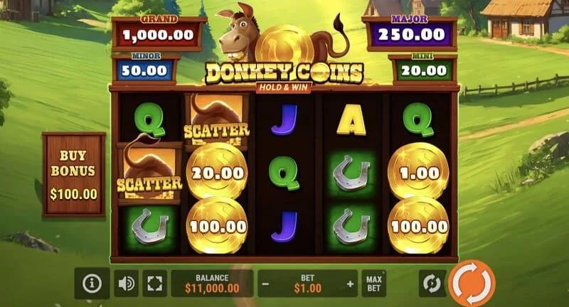 Donkey Coins Hold & Win – galvenais ekrāns ar ruļļiem